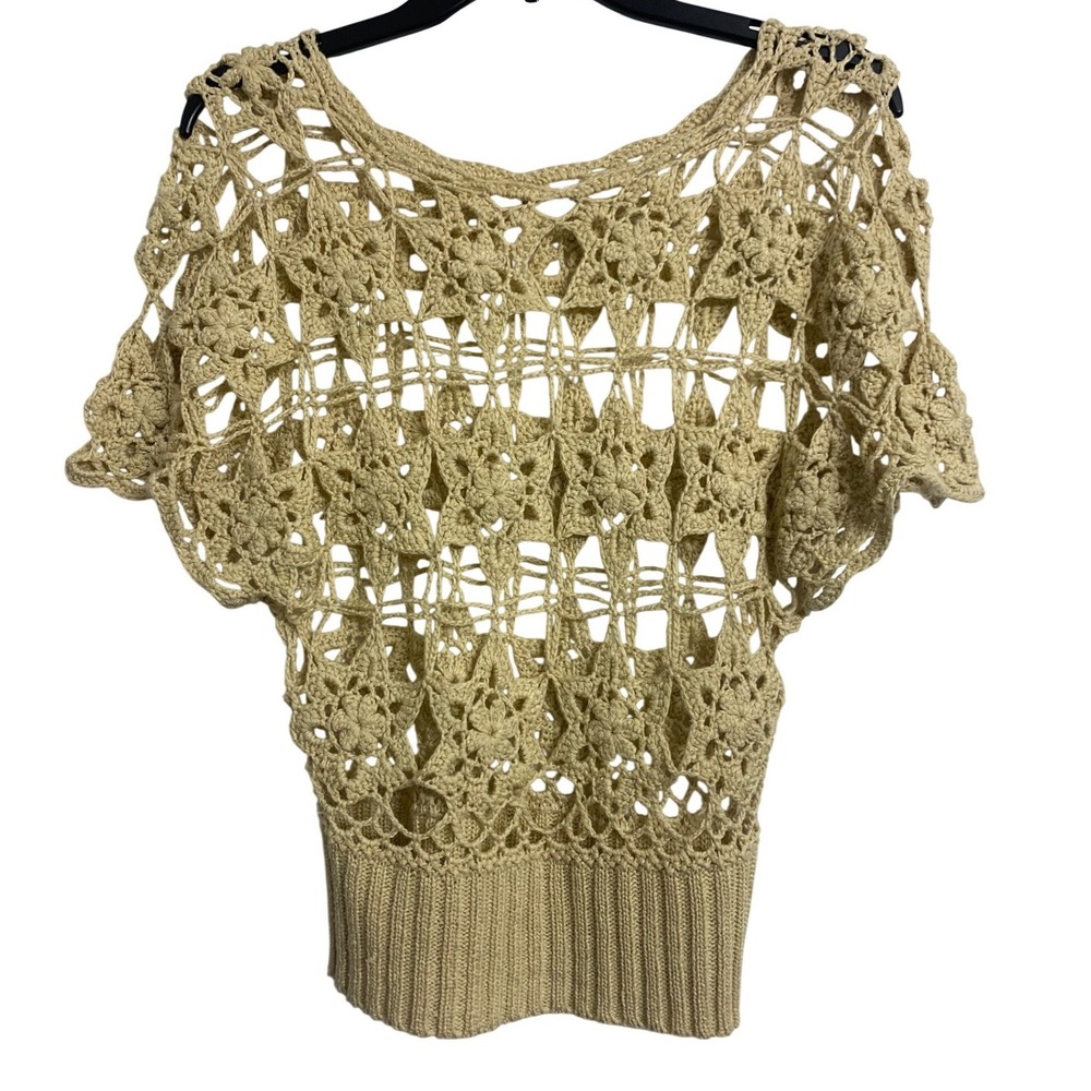 L'affaire Cream Crochet Floral Star Open Knit Top XS Beige Boho Short‎ Sleeve